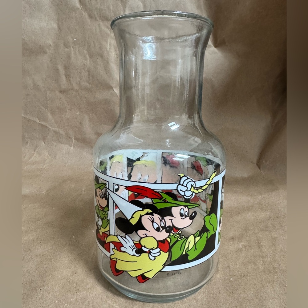 Vintage Anchor Hocking Disney Mickey Mouse as Robin Hood Glass Juice Carafe